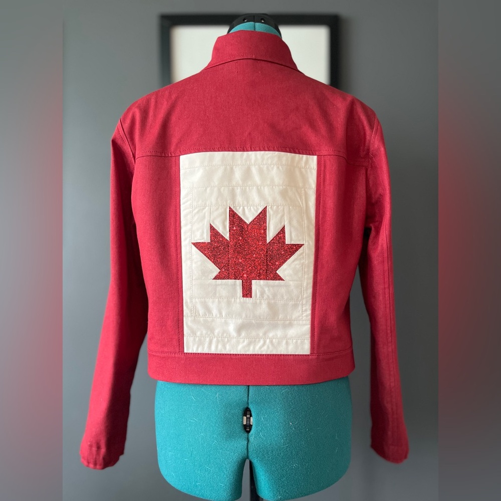 Maple leaf jean jacket, crafted from secondhand textiles, ladies' size XS S